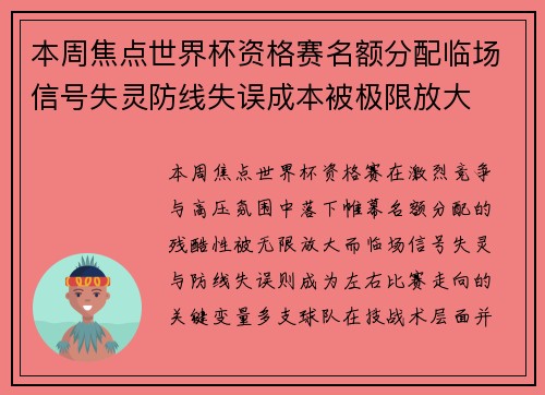 本周焦点世界杯资格赛名额分配临场信号失灵防线失误成本被极限放大 本周焦点世界杯资格赛名额分配临场信号失灵防线失误成本被极限放大