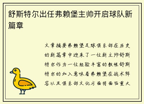 舒斯特尔出任弗赖堡主帅开启球队新篇章 舒斯特尔出任弗赖堡主帅开启球队新篇章